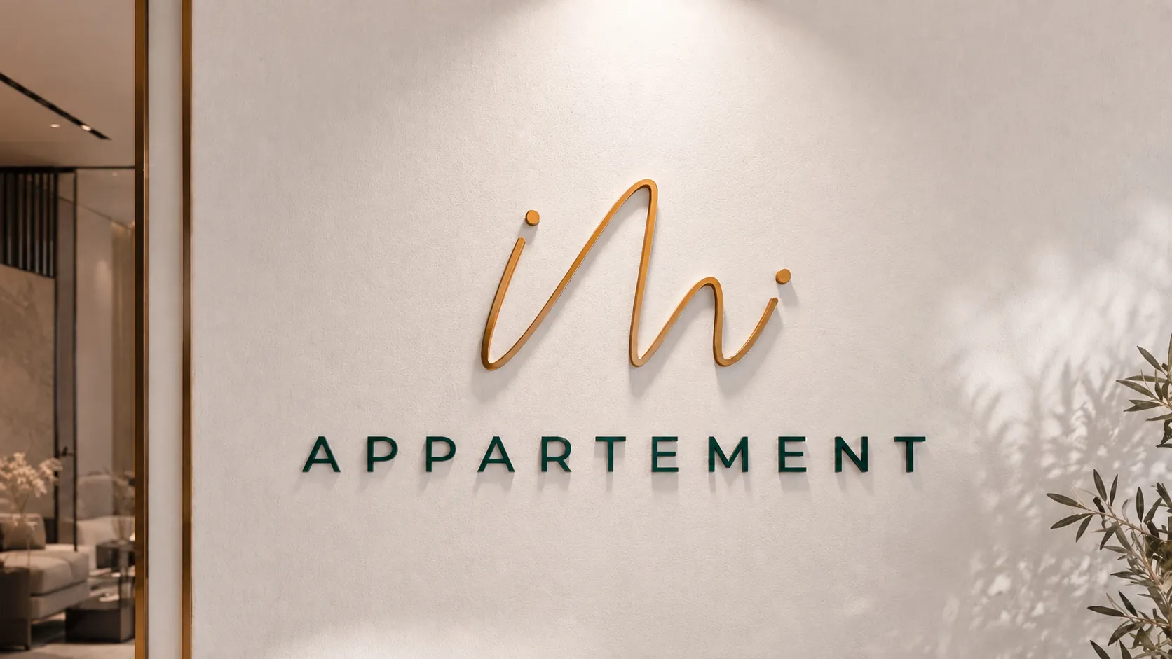 Logo des Imi Appartement als goldener Schriftzug an der Wand
