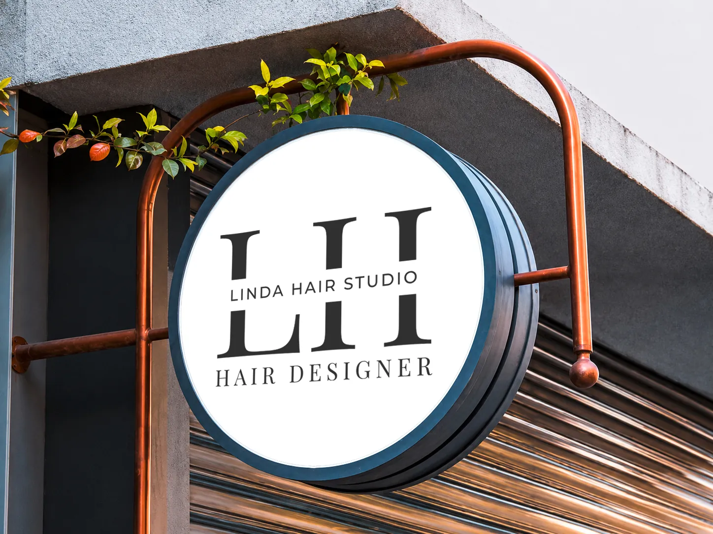 Rundes Aushängeschild mit dem Logo von Linda Hair Studio
