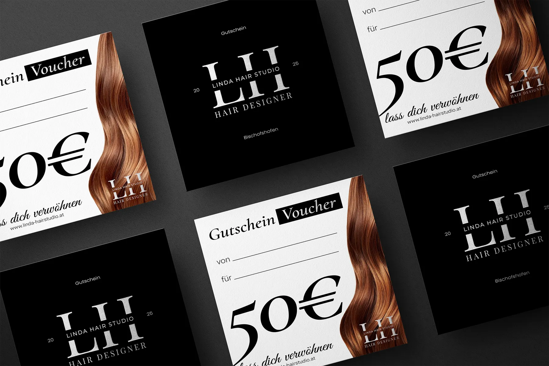 Gutscheinkarten von Linda Hair Studio in Schwarz und Weiß