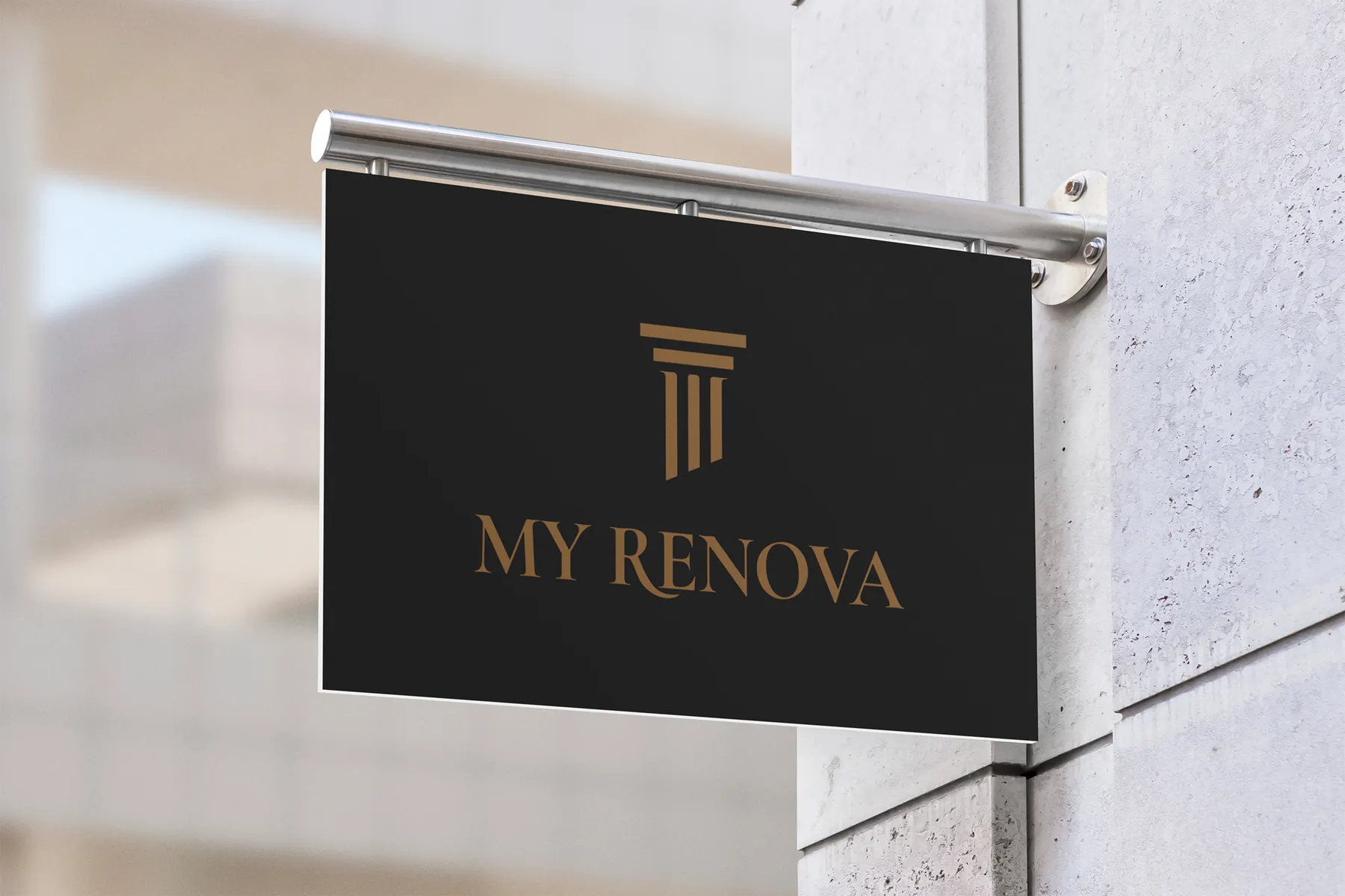 Aussenschild mit dem Logo von My Renova in Gold auf Dunkelgrau